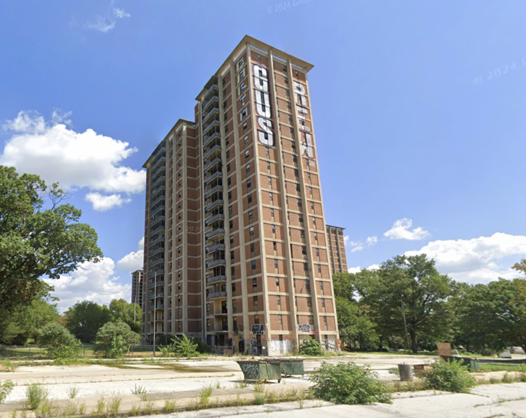 View of a vacant Westpark Apartment tower. 
